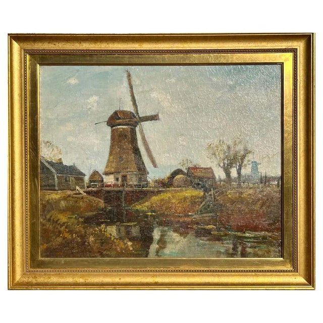 Brown Anthony Thieme Windmill Landscape Oil Painting For Sale - Image 8 of 9