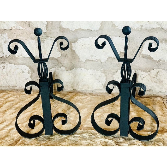 Vintage Spanish Mission, Spanish Colonial Scrollwork Black Wrought Iron Fireplace Andirons in the Style of Addison Mizner- Set of 2 For Sale - Image 10 of 12