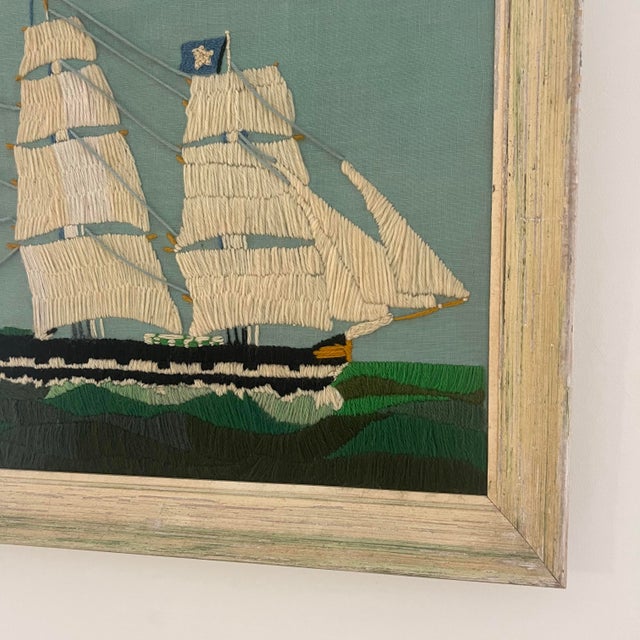 Wood Large 1970s Nautical Crewel Embroidery Clipper Ship “Nantucket Whaler” — Period Execution of Erica Wilson Design, Framed American Folk Art For Sale - Image 7 of 12