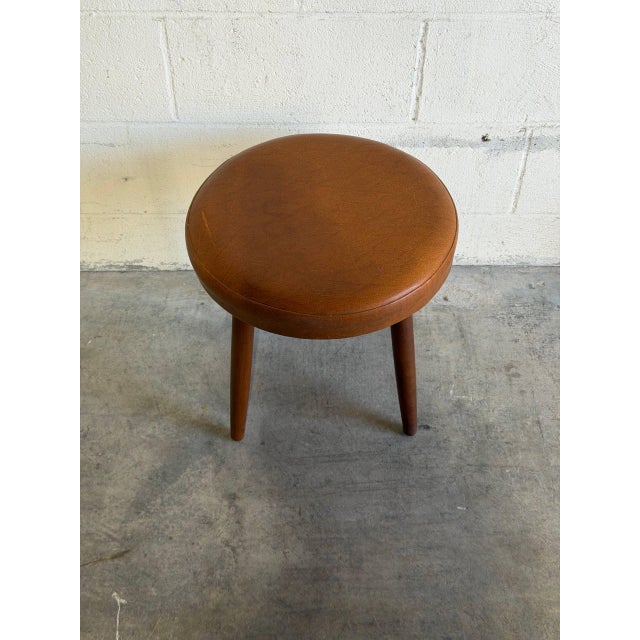Brown Round Brown Leather Teak Ottoman Danish Mid-Century Modern 1960s For Sale - Image 8 of 8