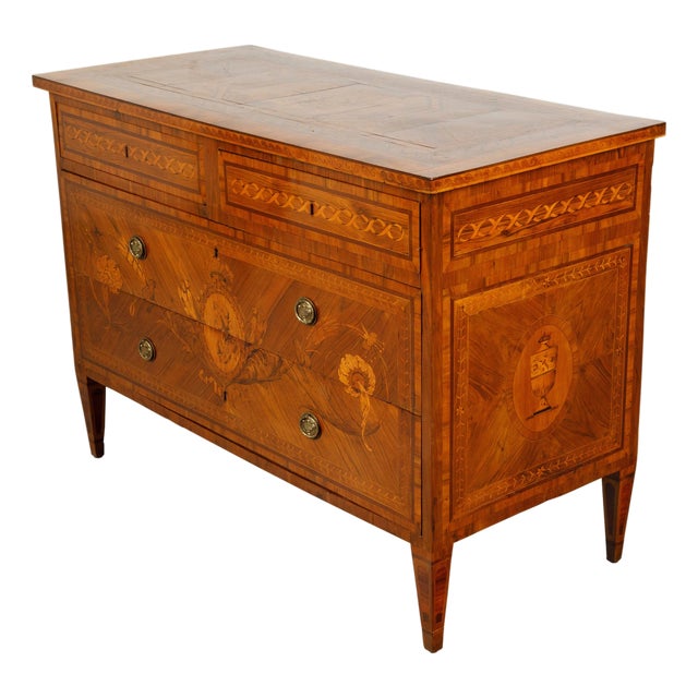 Italian Neoclassical Period 1800s Fruitwood Four-Drawer Commode with Marquetry For Sale