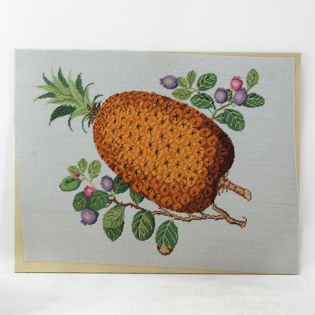 Textile Vintage Needlework Botanical Still Life – Rustic Textile Wall Art With Pineapple and Berries For Sale - Image 7 of 7
