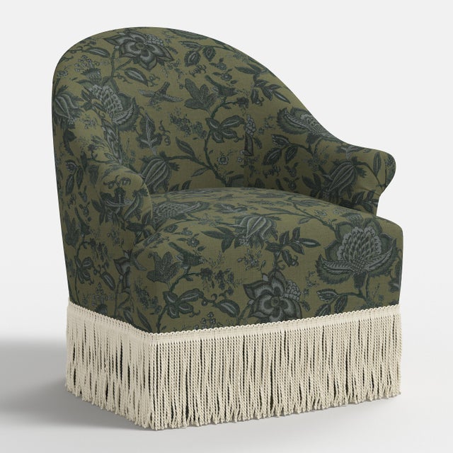 Wood Cecile Ivory Fringe Swivel Chair in Prairie Floral Moss Blue For Sale - Image 7 of 7