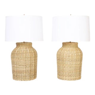 Pair of Wicker Bottle Form Table Lamps From the Fs Flores Collection For Sale