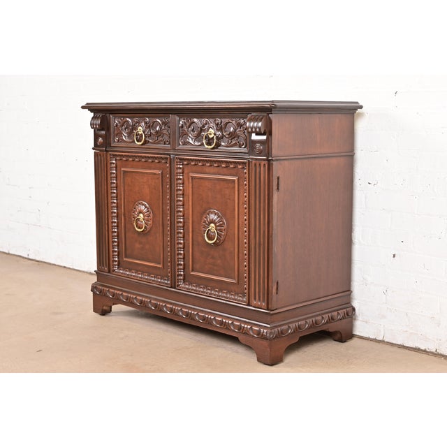 English Berkey & Gay Antique English Tudor Carved Walnut and Burl Wood Bar Cabinet, Newly Refinished For Sale - Image 3 of 15