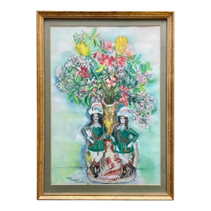 Jean Turnbull Knowles Watercolor Painting of a Floral Still Life With Two Human Figures