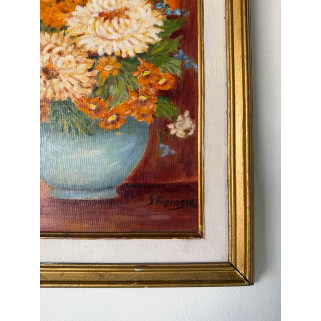 1980s Vintage J. Romero Floral Still Life Oil on Artist Board Painting, Gold Wood Framed For Sale - Image 9 of 13