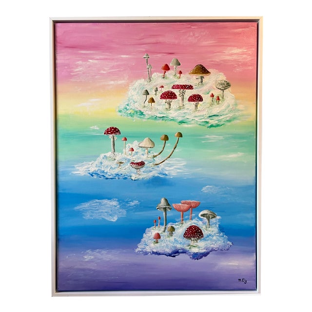 "Toadstool Ascension" Original Oil Surrealist Painting, Framed For Sale