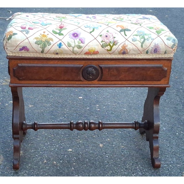 American Empire Mahogany and Needlepoint Upholstered Storage Bench. Measures 21" in width, 10" in depth and 18.5" in Height.