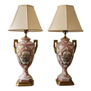 Vintage John Richard Porcelain Urn Table Lamps – Pair With Pink Lattice & Floral Gilt Décor For Sale