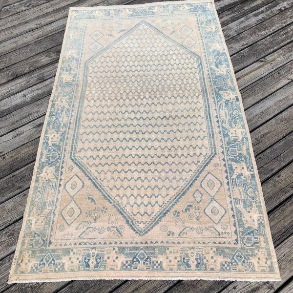 Antique Persian Rug | Light Beige & Soft Blue Geometric Design | 4'x7' For Sale In Houston - Image 6 of 6