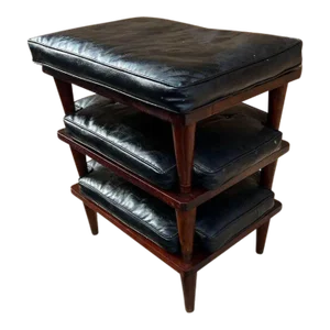 Mid 20th Century Mid Century Walnut Stacking Stools With Vinyl Cushions - Set of 3