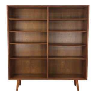 Danish Modern Teak Double Bookcase With Adjustable Shelves & Tapered Legs For Sale