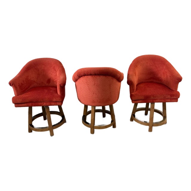 1980s Set of 3 Custom Goatskin Upholstered 360 Swivel Counter Stools 22 1/2 Seat Height For Sale