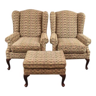 Rowe Furniture Queen Anne Style Two Wing Back Chairs & Ottoman For Sale