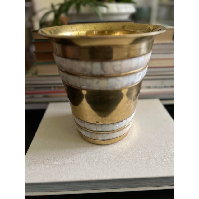 Brass Vintage Brass Wastebasket With Mother-of-Pearl Inlay For Sale - Image 8 of 10