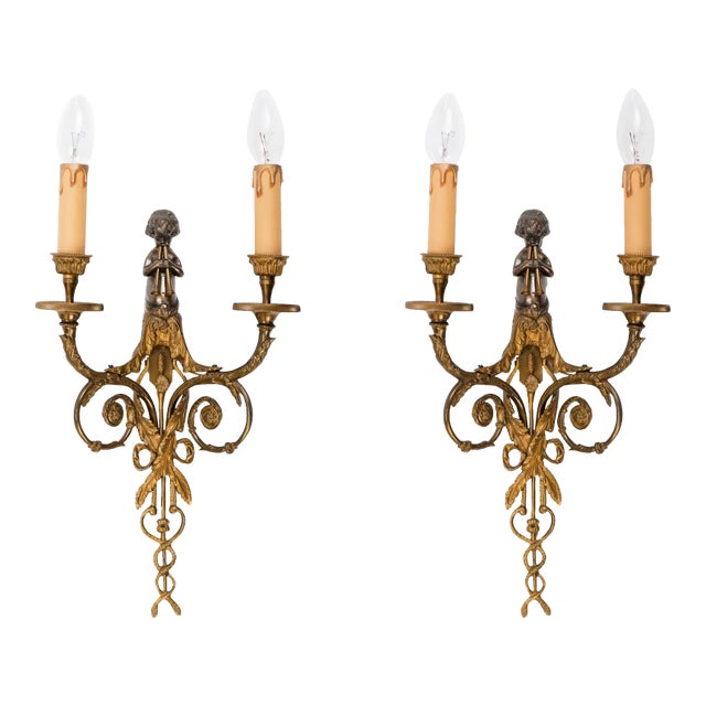 French Bronze Two Branch Cherub Playing the Flute Wall Sconces - Set of 2 For Sale