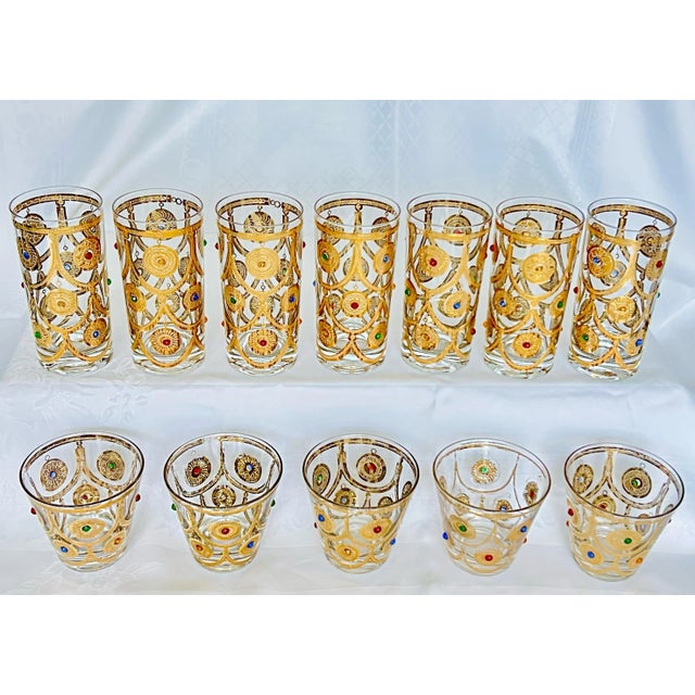 Gold Vintage Rare Mid-Century Culver Ltd. “Jeweled Ornaments” 22k Gold Glassware Set – 12 Pieces (7 Highball, 5 Whiskey) For Sale - Image 8 of 12