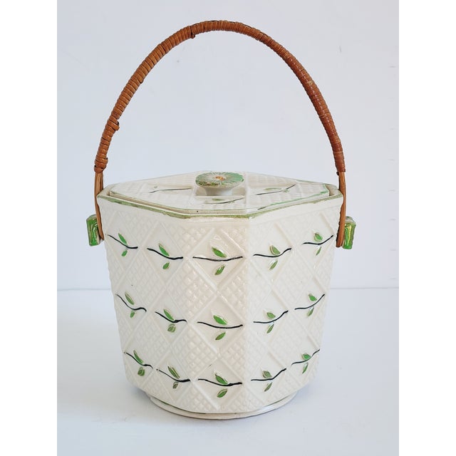 Vintage Mid-Century Japan painted ceramic cookie featuring an embossed basket weave lattice pattern with green leaf motifs...
