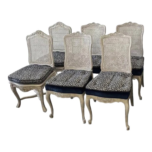 Set of 6 Vintage Carved Cane‑Back Accent Chair With Leopard Upholstery For Sale
