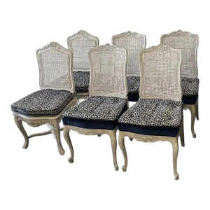 Set of 6 Vintage Carved Cane‑Back Accent Chair With Leopard Upholstery