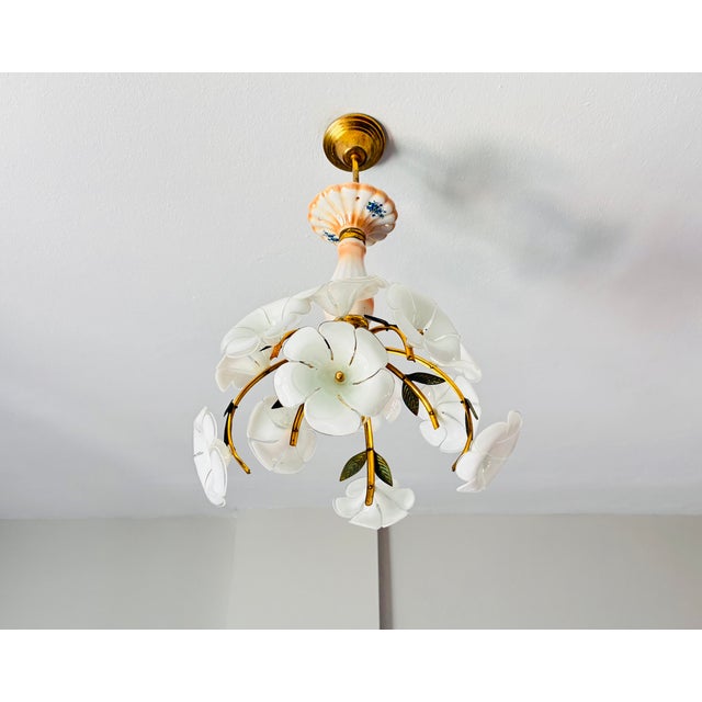Italian Mid 20th Century Italian Handmade Porcelain & White Murano Style Glass Daisy Chandeliers - a Pair For Sale - Image 3 of 17