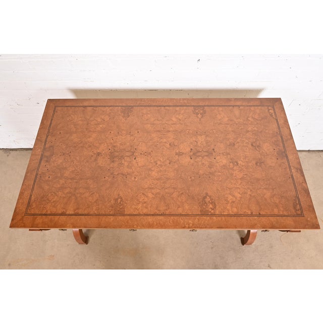 Brown Baker Furniture Regency Burl Wood Writing Desk or Library Table, Newly Refinished For Sale - Image 8 of 12