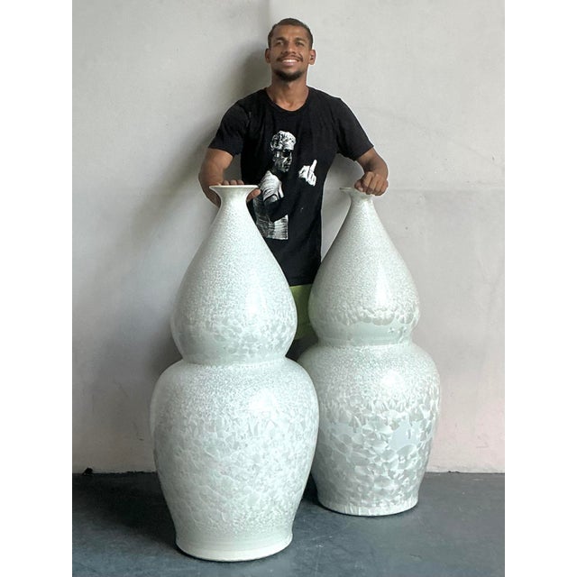 Vintage Regency Monumental Crystal Glazed Ceramic Gourd Floor Vase - A Pair For Sale In West Palm - Image 6 of 6