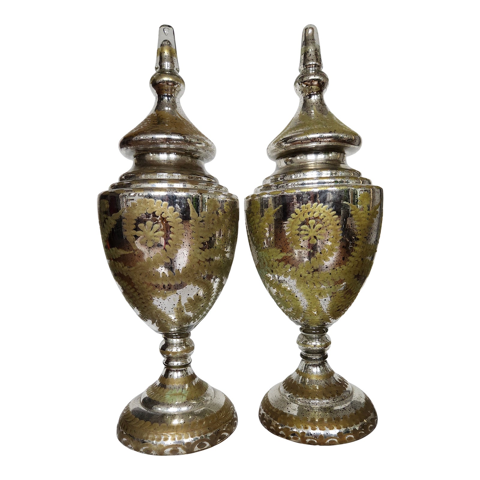 Early 20th Century Mercury Glass Apothecary Urns With Gold Enamel