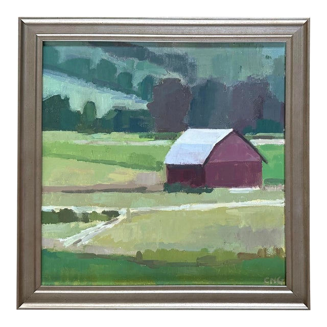 Red Barn in Fields Landscape Painting by Caroline Gray For Sale