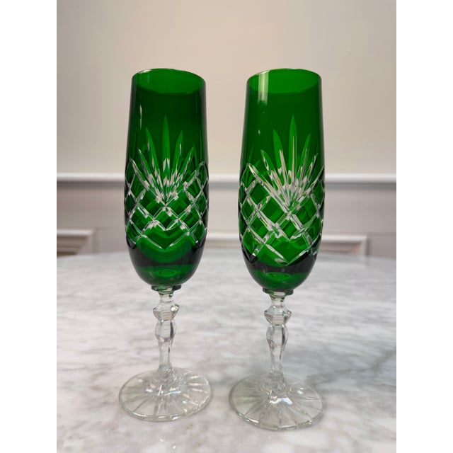 Vintage Fabergé Odessa Emerald Green Crystal Champagne Flutes - Pair For Sale - Image 4 of 7