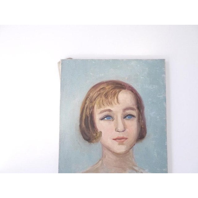 Abstract 1970s French Oil Portrait Painting of a Blue Eyed Girl For Sale - Image 3 of 8