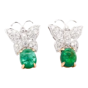 18K White Gold 2 Carat Cabochon Emerald and Diamond Butterfly Drops Earrings - 2 Pieces