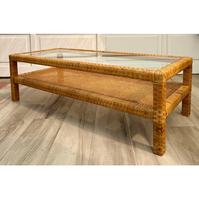 Mid-Century Two-Tier Woven Rattan & Cane Coffee Table With Glass Top For Sale - Image 14 of 15