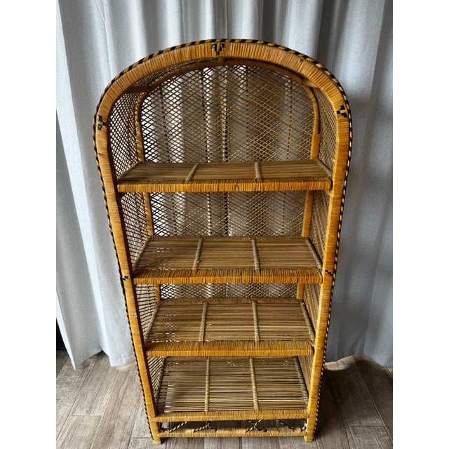 1970s Vintage Asian Boho Chic Wicker Rattan Arched Peacock Etagere Display Book Shelf For Sale - Image 5 of 9