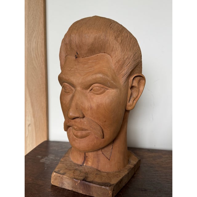 1960s Folk Art Americana Barbershop Carved Wood Bust of a Man For Sale - Image 11 of 12