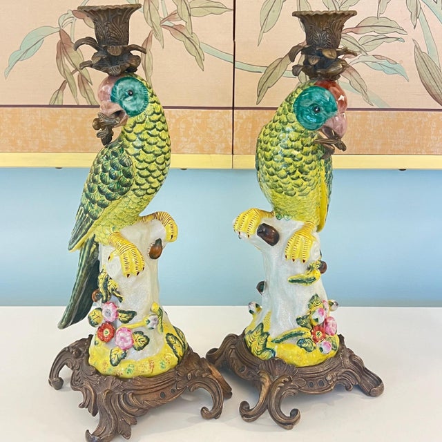 Mid-Century Modern Vintage pair of bird figurine candle holders with bronze mounts // hand painted figurines // ceramic birds // elegant vintage decor For Sale - Image 3 of 10