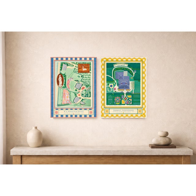 Not Yet Made - Made To Order Atelier Aria Lumae the Grand Estate Cartography Set of 2 Shore Estate Faux Checkered Border Fine Art Hge Gallery Board Print 34" X 18" Wallspace For Sale - Image 5 of 18