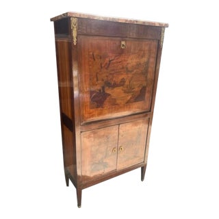 Mid 19th Century Antique French Louis XVI Style Marquetry Marble-Top Secretaire Abattant For Sale