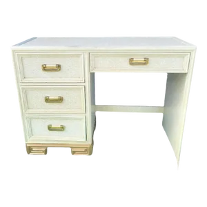 Vintage Weaved Wicker Beige Gold Greek Key Base 4 Drawer Desk by Lexington