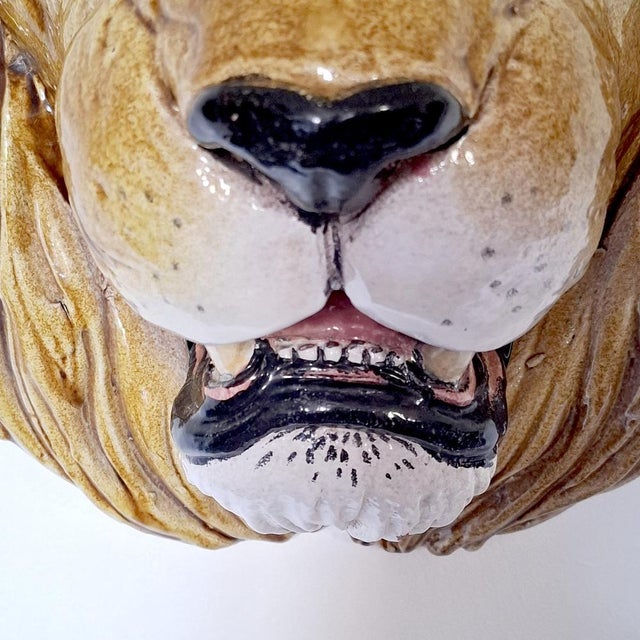 Mid-Century Modern Large Lion's Head Wall Relief in Majolica Ceramic, Italy, 1960s For Sale - Image 3 of 17