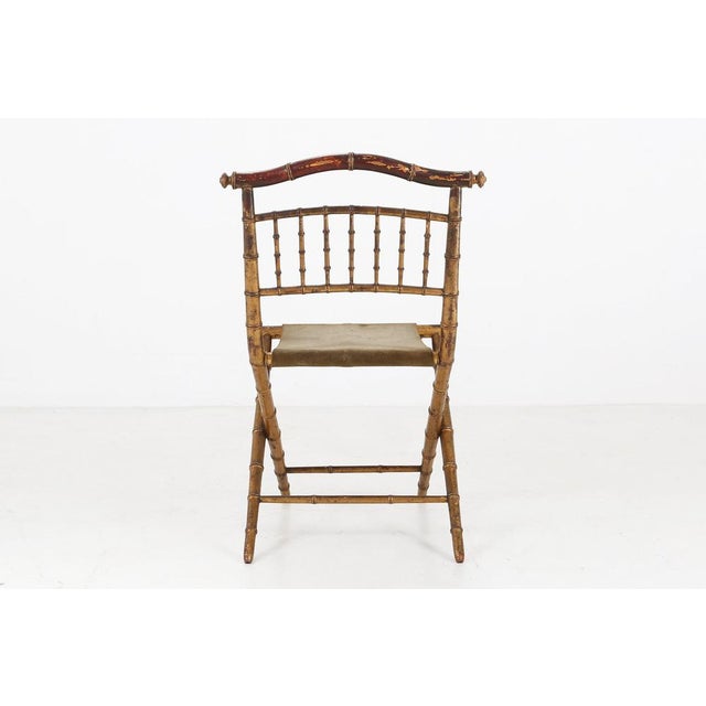 French Faux‑Bamboo Folding Chair in Gilded Wood and Green Fabric, 1850 For Sale - Image 6 of 11