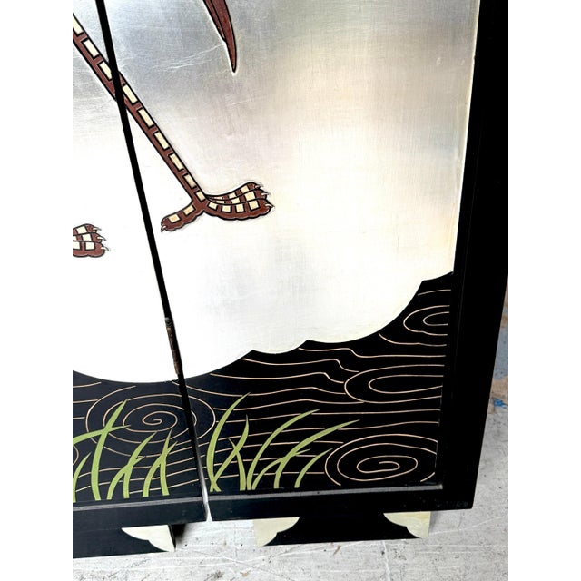 Art Deco Style Six-Panel Silver Leaf Crane Screen, Hong Kong, Circa 1980 For Sale - Image 9 of 18
