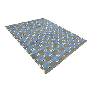 Handwoven Cotton Area Rug, Grey, Sky Blue, Green and Cream Geometric Dhurrie - 8'x10' For Sale