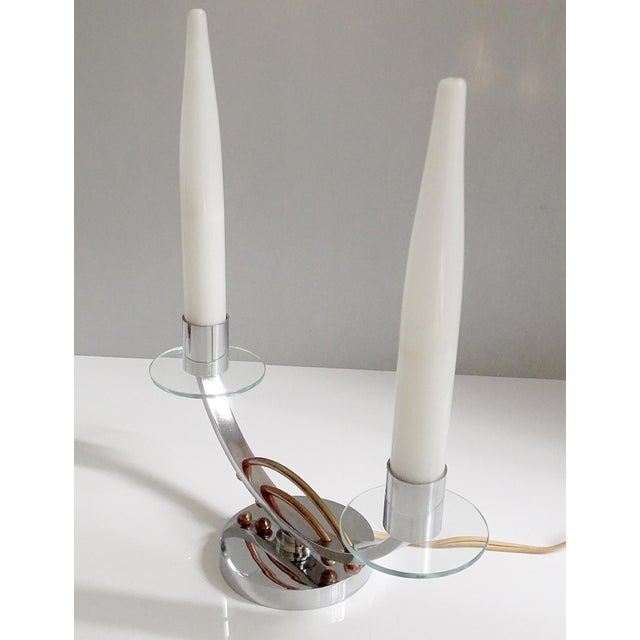 Pair of french art deco table lamps, chrome, glass and brass, opaline glass shade dimensions: h 13 in. X w 13.78 in. X d...
