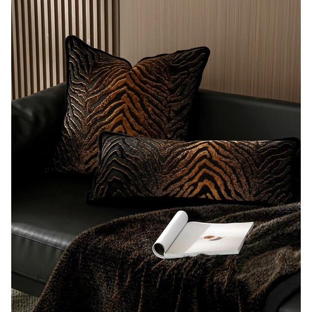 Contemporary Black and Gold Tiger Pattern, Velvet-Like Feather Filling Lumbar Pillow For Sale - Image 3 of 6