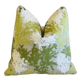Nautical Green & White Coral Cut Velvet Feather/Down Pillow 24" Square For Sale