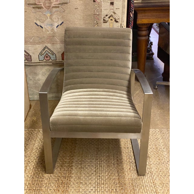 Greige Lounge Chair Velvet Channel Tufting For Sale - Image 8 of 13