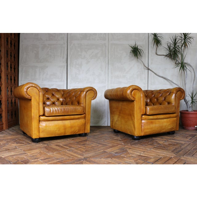 Vintage Pair of Brown Honey Leather Chesterfield Club Chairs — England, Circa 1950 For Sale In Los Angeles - Image 6 of 18