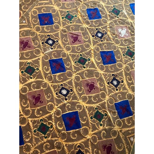 1960s Gold Lattice Cotton Suzani With Blue Diamond Motifs For Sale - Image 5 of 10